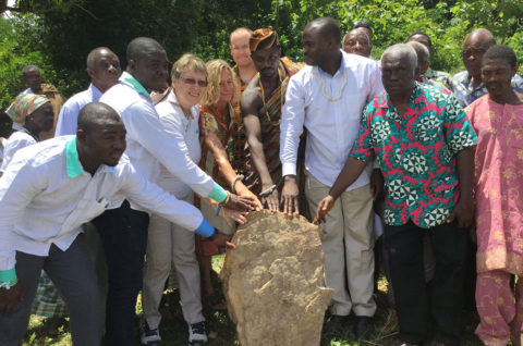 Der Grundstein der Schulkantine von Kouma Apoti, Togo, Afrika wird zusammen gesetzt