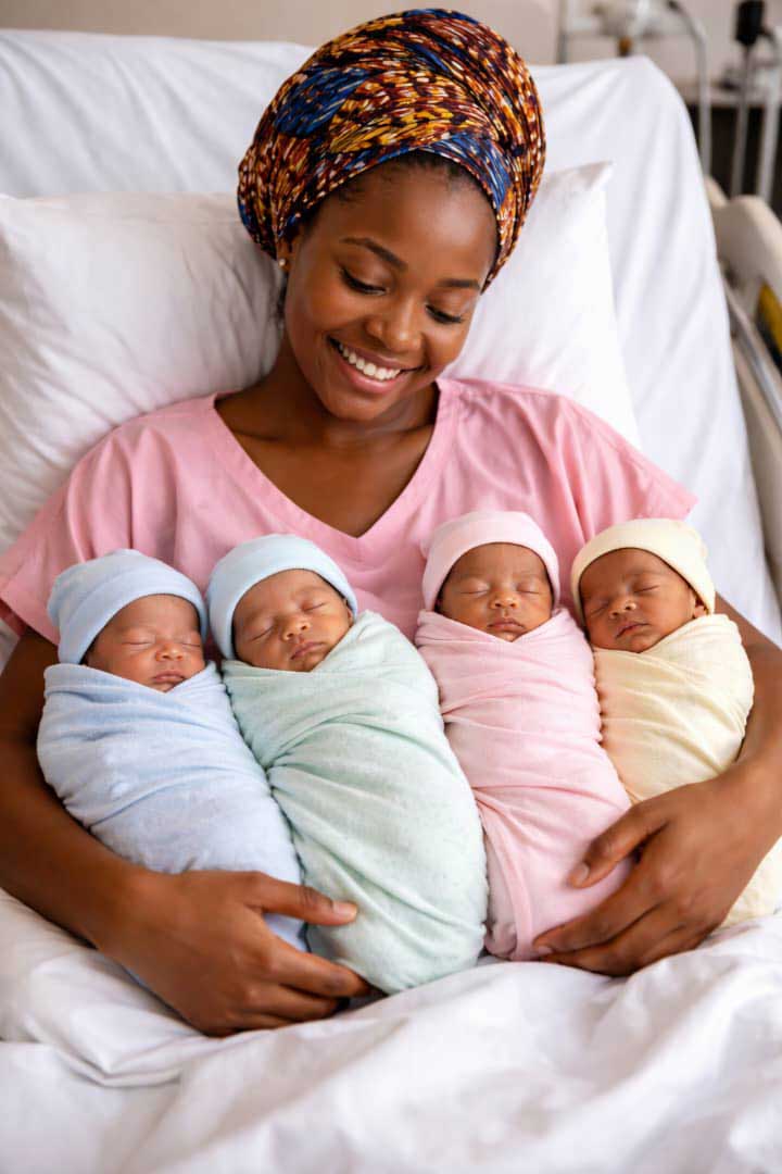 Die Vierlinge mit ihrer Mutter